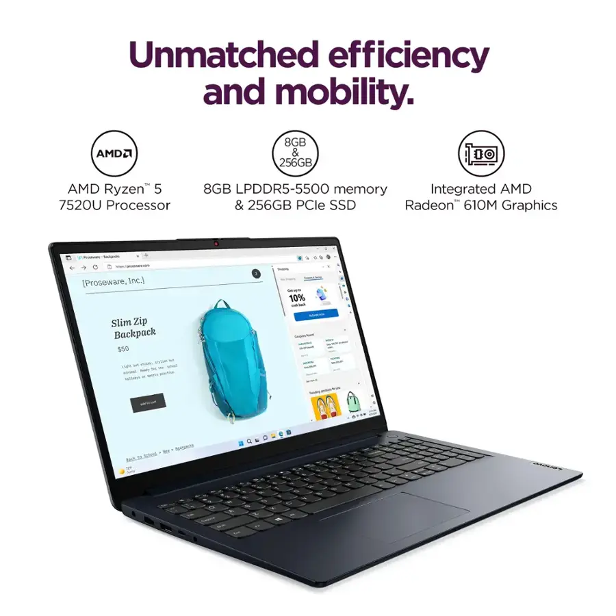 Lenovo - Ordinateur portable IdeaPad 1 15,6" Full HD tactile - AMD Ryzen 5 7520U - 8 Go de mémoire - SSD 256 Go - Bleu abysse